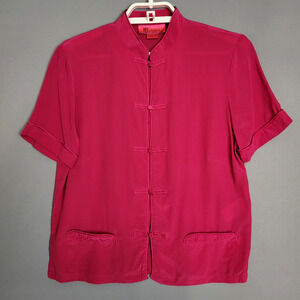 Monsoon 100% Silk Blouse Womens 6 Pink Mandarin Collar Short Sleeve Asian Style